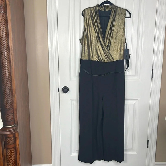 TOMMY HILFIGER Plus Size Metallic-Bodice Wide-Leg Jumpsuit Sz 18W Gold/Black - Picture 4 of 10